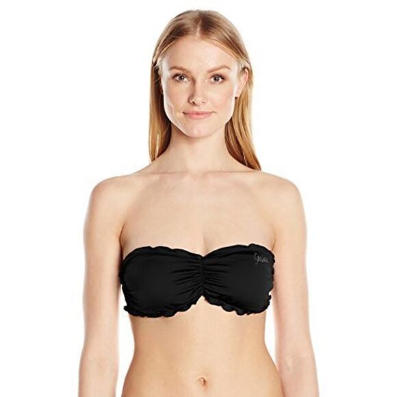 GUESS Women's Solid Ruffle Bandeau Swim Bikini Top Black Size M 14166 - Picture 1 of 1